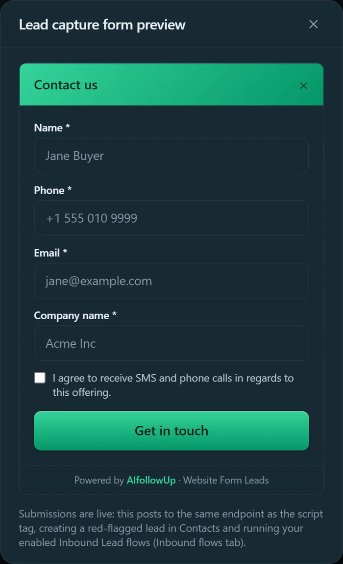 AIfollowUp embedded lead capture form with name, phone, email, company, and call and text consent fields.